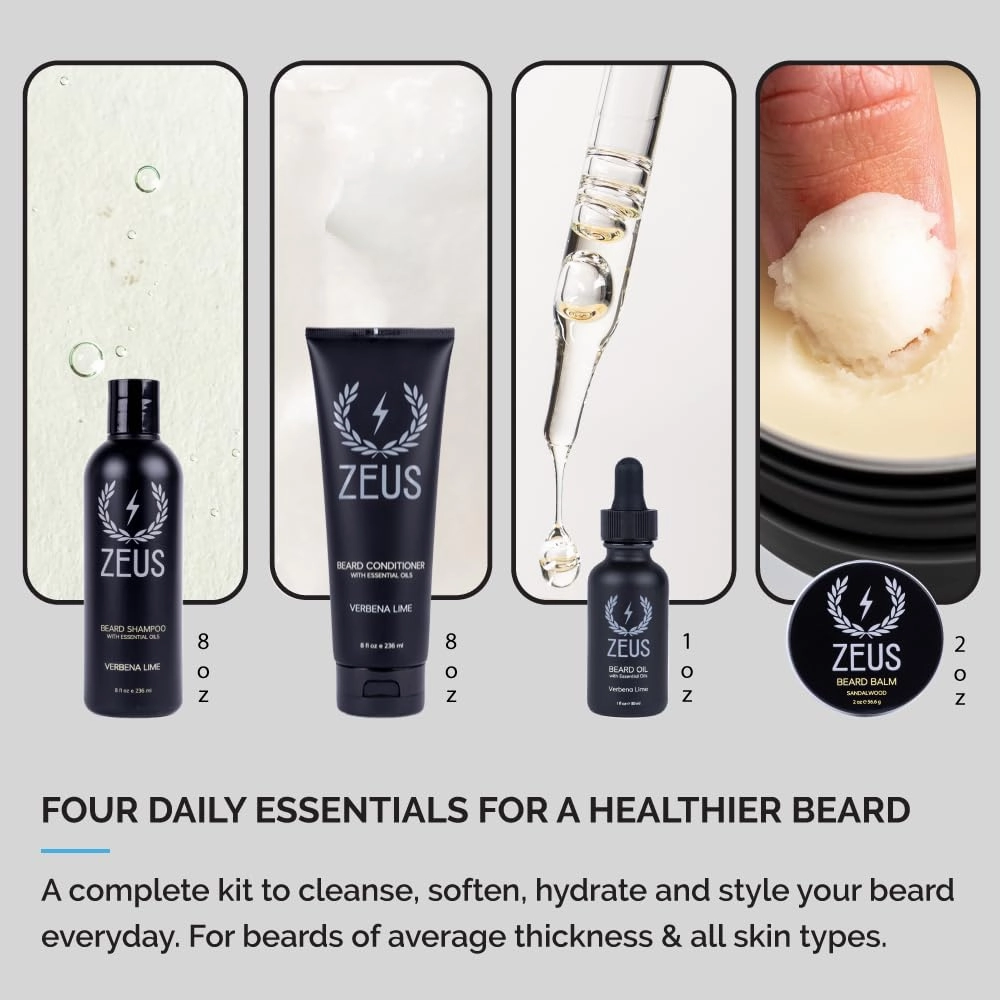 ZEUS Everyday Beard Kit with Tin Gift Box – Beard Wash Shampoo & Conditioner, Natural Beard Oil, Beard Balm & Tin Box (Sandalwood)