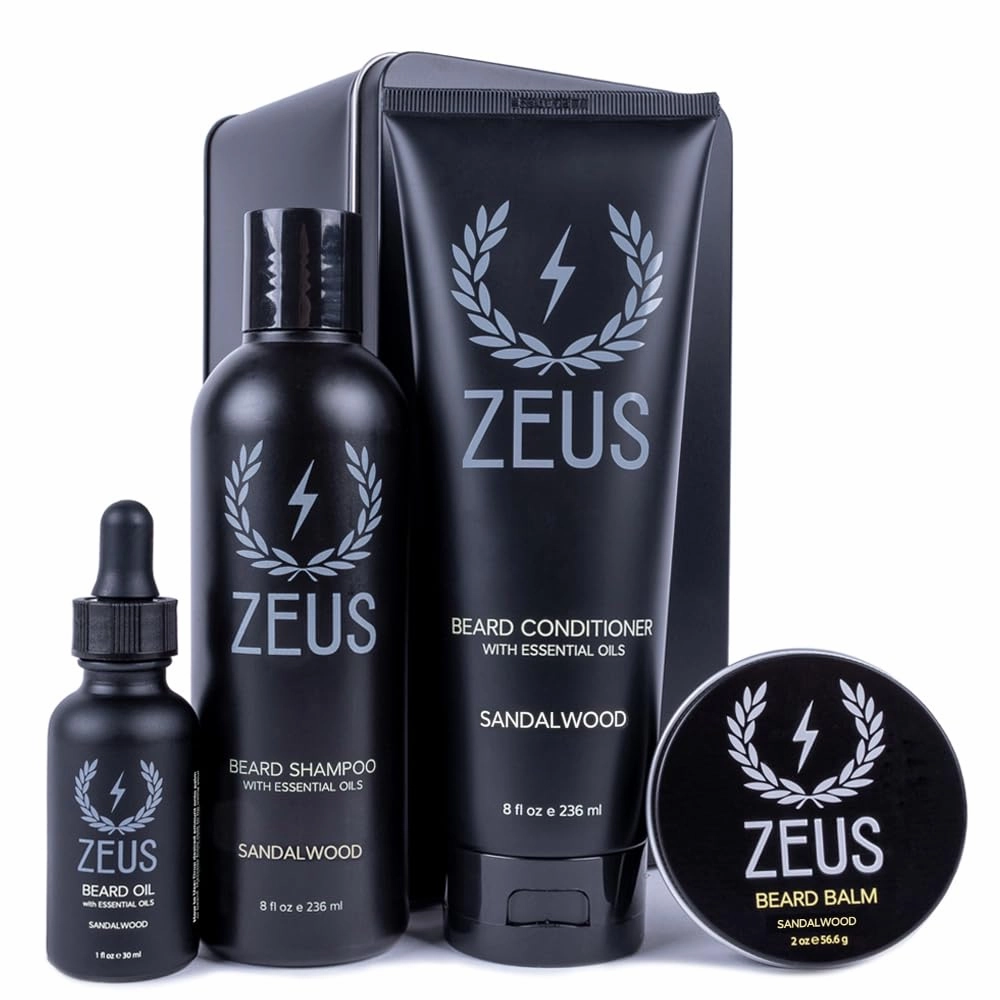 ZEUS Everyday Beard Kit with Tin Gift Box – Beard Wash Shampoo & Conditioner, Natural Beard Oil, Beard Balm & Tin Box (Sandalwood)