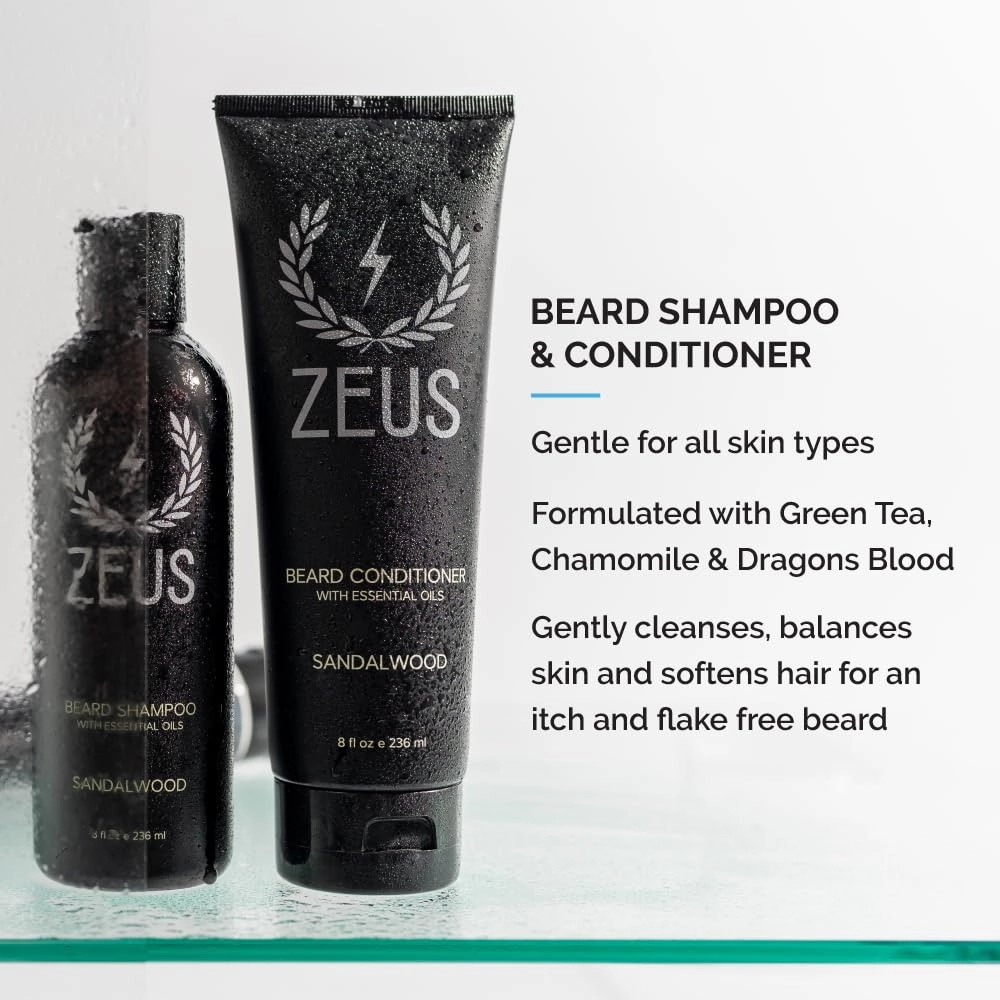 ZEUS Everyday Beard Kit with Tin Gift Box – Beard Wash Shampoo & Conditioner, Natural Beard Oil, Beard Balm & Tin Box (Sandalwood)