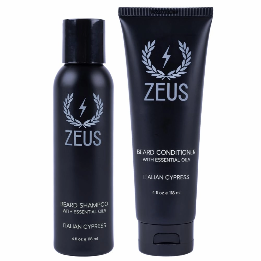 ZEUS Italian Cypress Beard Shampoo Wash & Beard Conditioner Set with Essential Oils for Men (Made In USA)