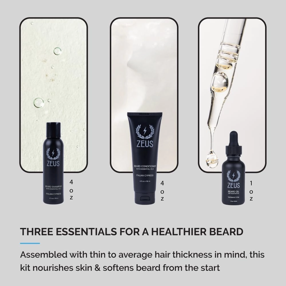 ZEUS Starter Beard Wash & Beard Oil Kit for Men, Soften, Hydrates, & Moisturizes Facial Hair (Italian Cypress) MADE IN USA